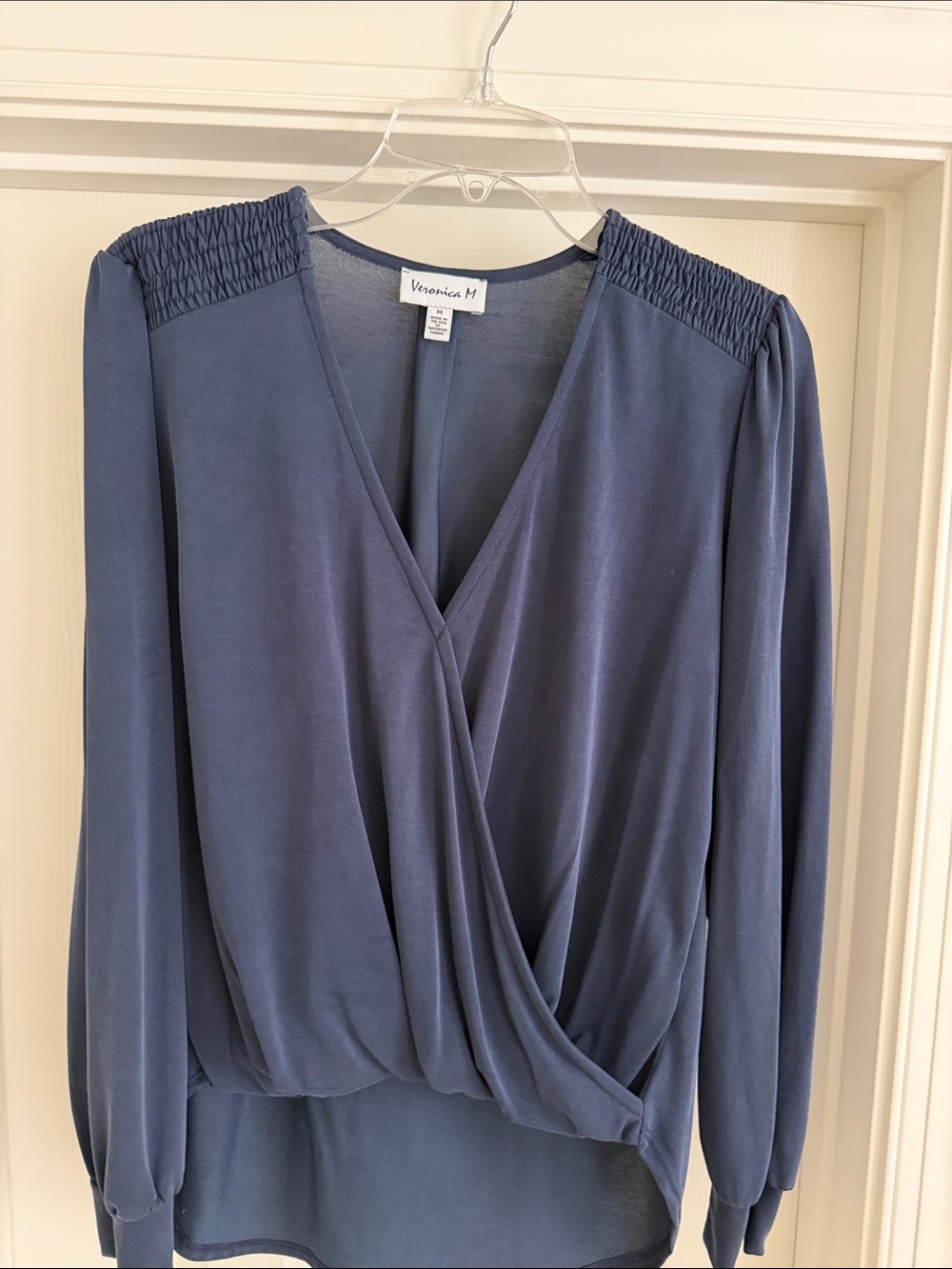 Veronica M Slate Blue Wrap-Front Blouse with Smocked Shoulders